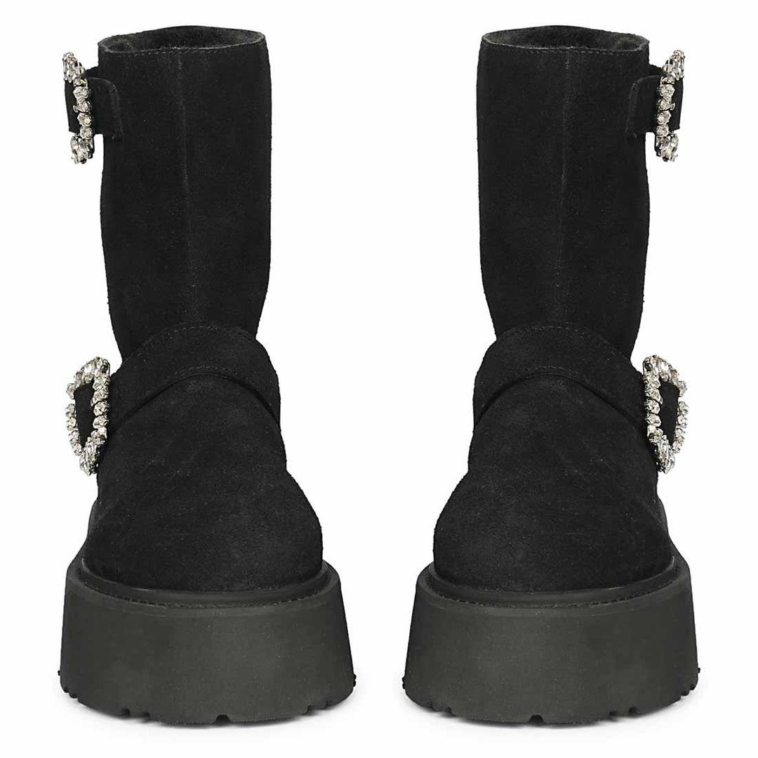 Saint Nordova Crystal Buckle Black Suede Leather Snug Boots