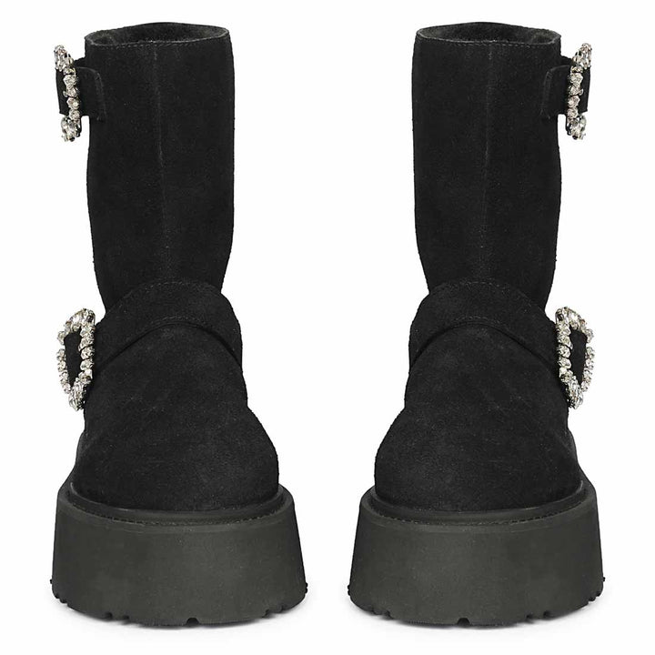 Saint Nordova Crystal Buckle Black Suede Leather Snug Boots