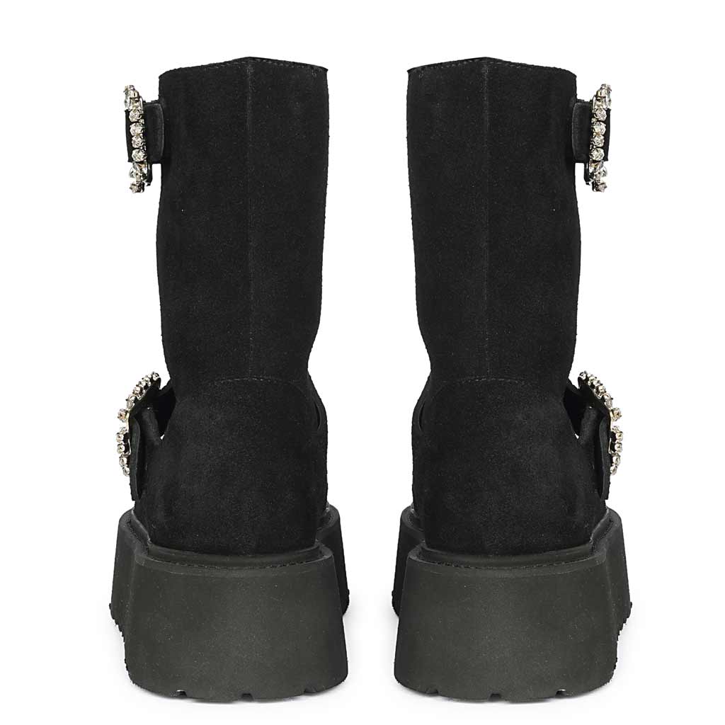 Saint Nordova Crystal Buckle Black Suede Leather Snug Boots