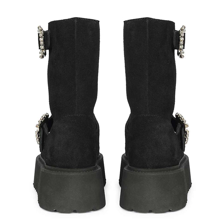 Saint Nordova Crystal Buckle Black Suede Leather Snug Boots