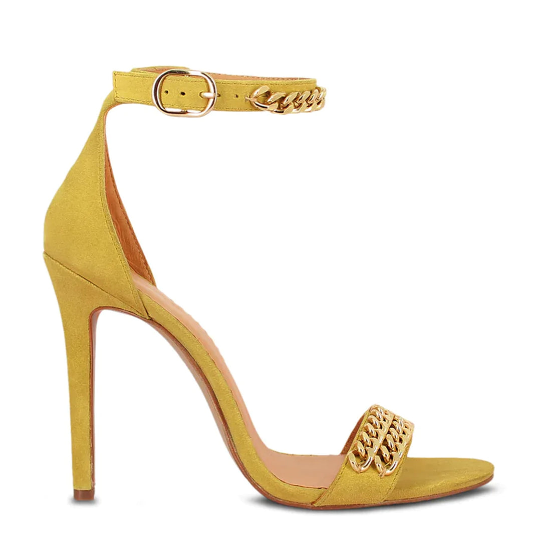 Gold Chain Detail Yellow Leather Stiletto Heels and Pumps for Women