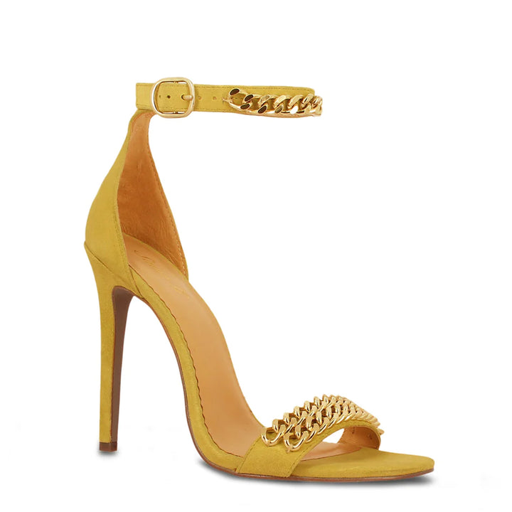 Gold Chain Detail Yellow Leather Stiletto Heels and Pumps for Women