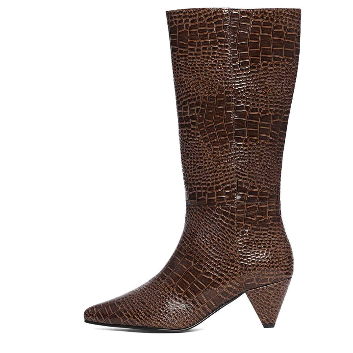 Saint Enora Croco Embossed Brown Calf Length Boots