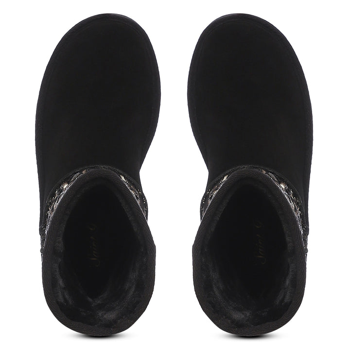 "Saint Corah Sequins Black Snug Boots: Stylish and comfortable women's footwear with sequin embellishments for a touch of glam."