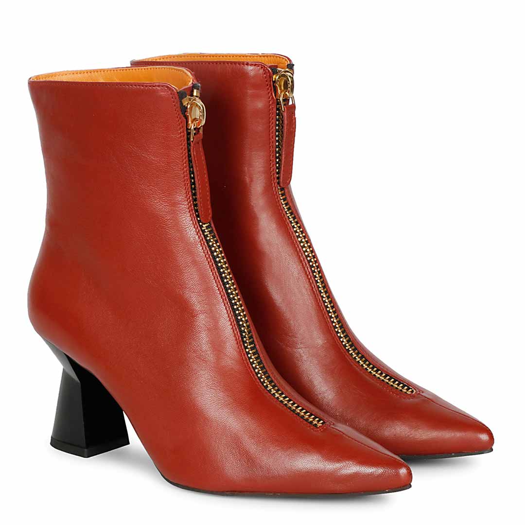 Saint Rose Rust Leather Front Zipper Pointed Toe Heel Boots