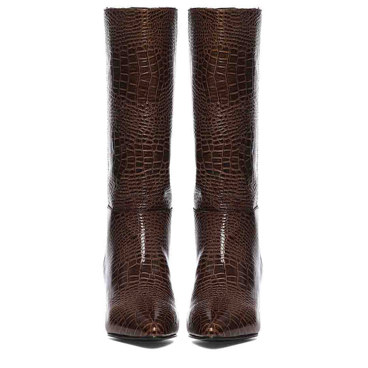 Saint Enora Croco Embossed Brown Calf Length Boots