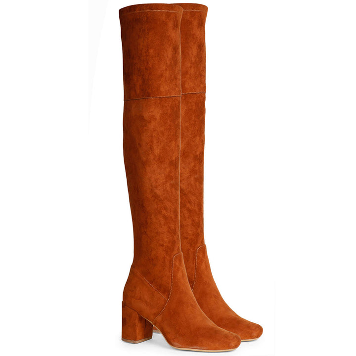 Saint Luisa Tan Stretch Suede Above The Knee Boots