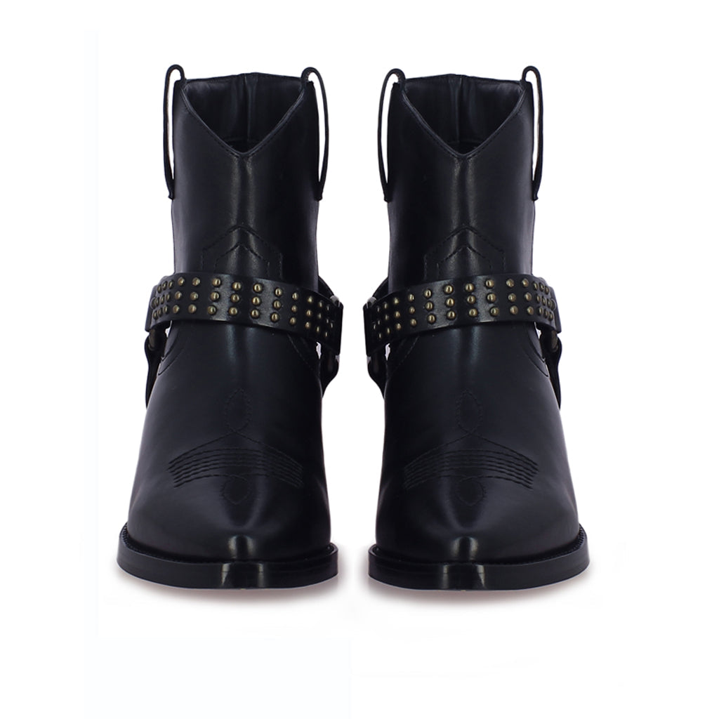 Metal Studded Black Leather Ankle Boots 