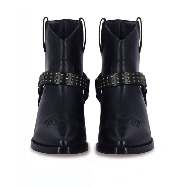 Metal Studded Black Leather Ankle Boots 