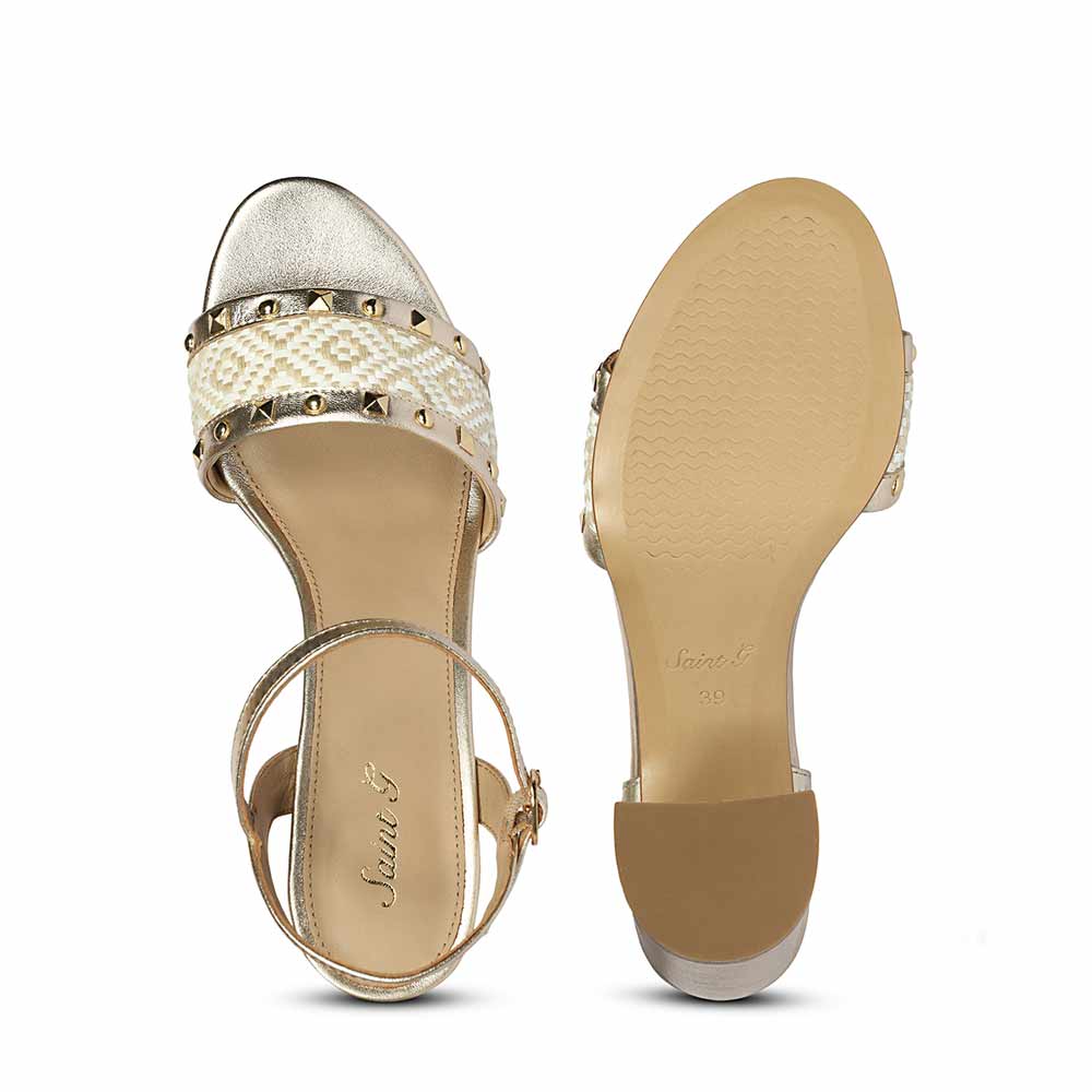 Saint Auric Gold Leather Rafia Stud Block Heels