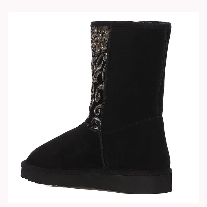 "Saint Corah Sequins Black Snug Boots: Stylish and comfortable women's footwear with sequin embellishments for a touch of glam."