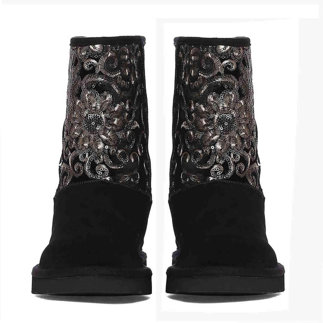"Saint Corah Sequins Black Snug Boots: Stylish and comfortable women's footwear with sequin embellishments for a touch of glam."