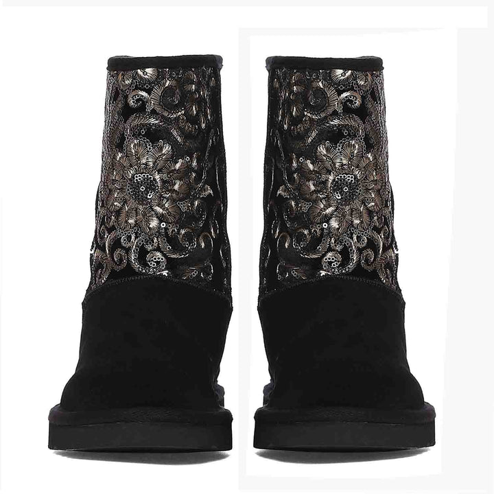 "Saint Corah Sequins Black Snug Boots: Stylish and comfortable women's footwear with sequin embellishments for a touch of glam."