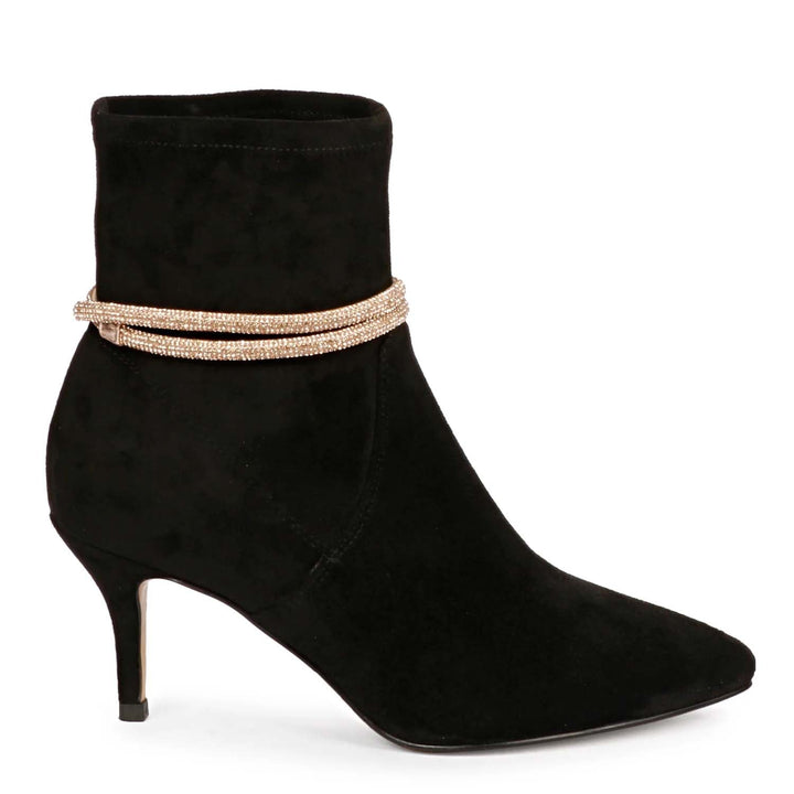 Saint Reyna Black Stretch Suede Golden Cord String Kitten Heel Boots