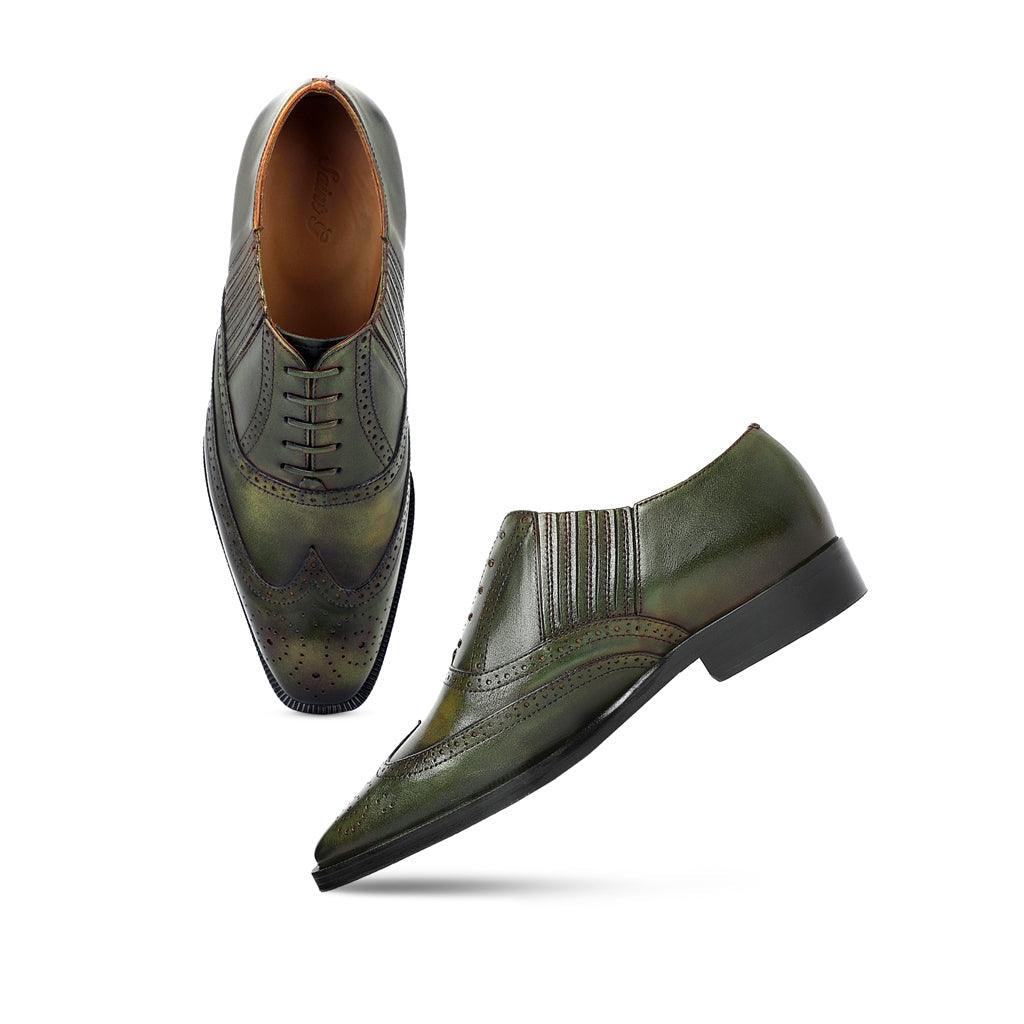 Saint Vincenzo Olive Leather Square Toe Lace Up Décor Shoes - SaintG UK