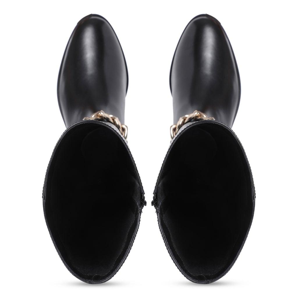 Saint Alina Gold Chain Embellished Black Leather Knee High Boots - SaintG UK