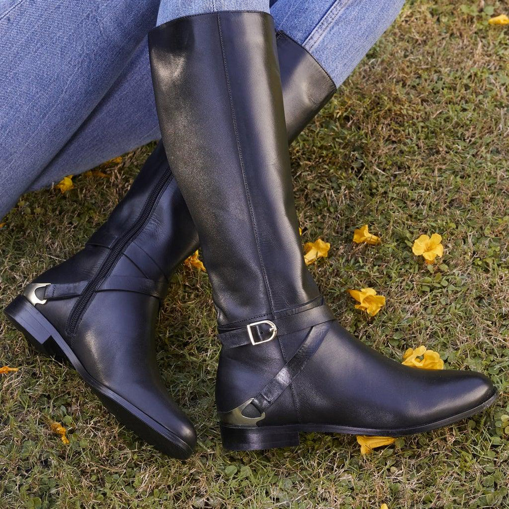 Saint Damaris Black Leather Buckle Decor Knee High Boots - SaintG UK