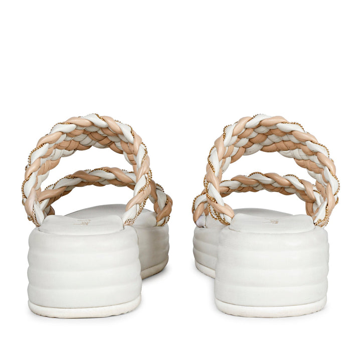 Chain Embellished Beige Woven Leather Platform Sandals