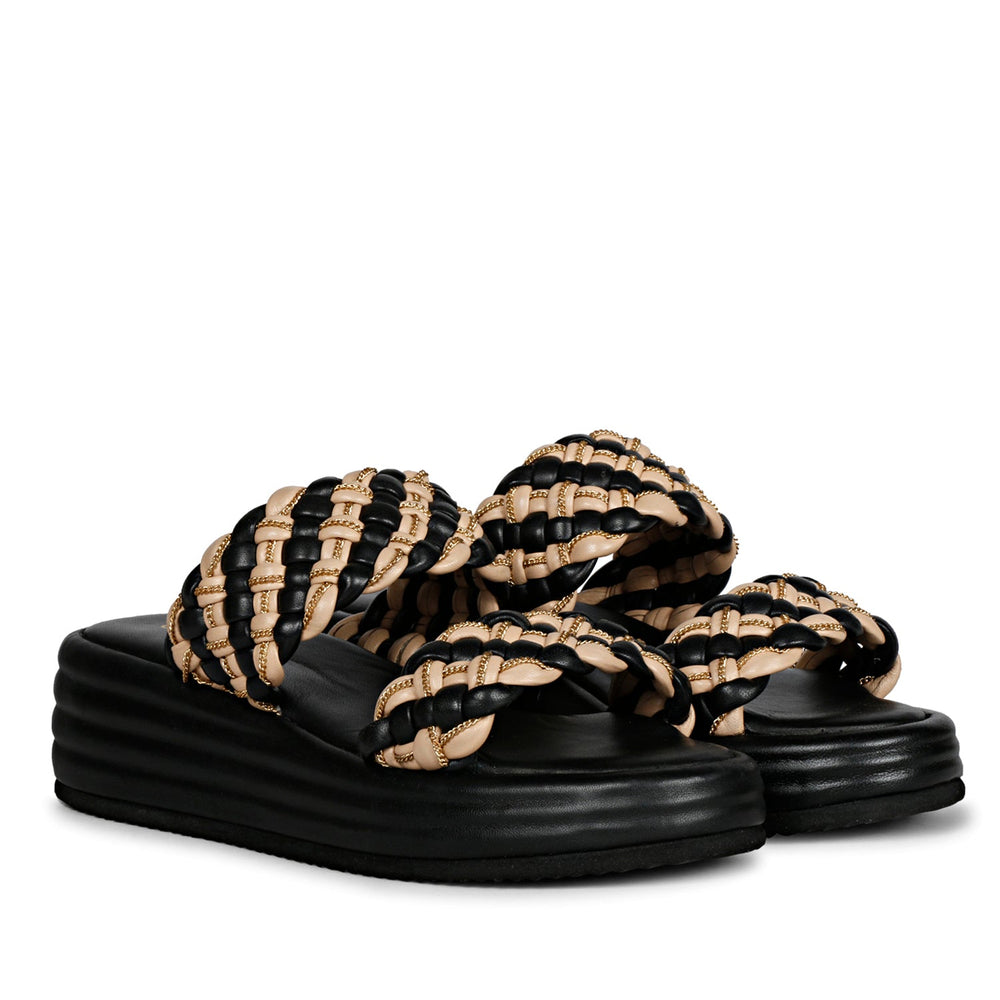 Chain Embellished Black Woven Leather Platform Sandals
