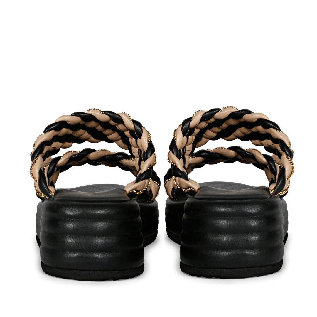 Chain Embellished Black Woven Leather Platform Sandals