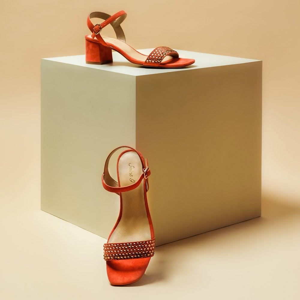 Stone Embellished Orange Leather Block Heels for women