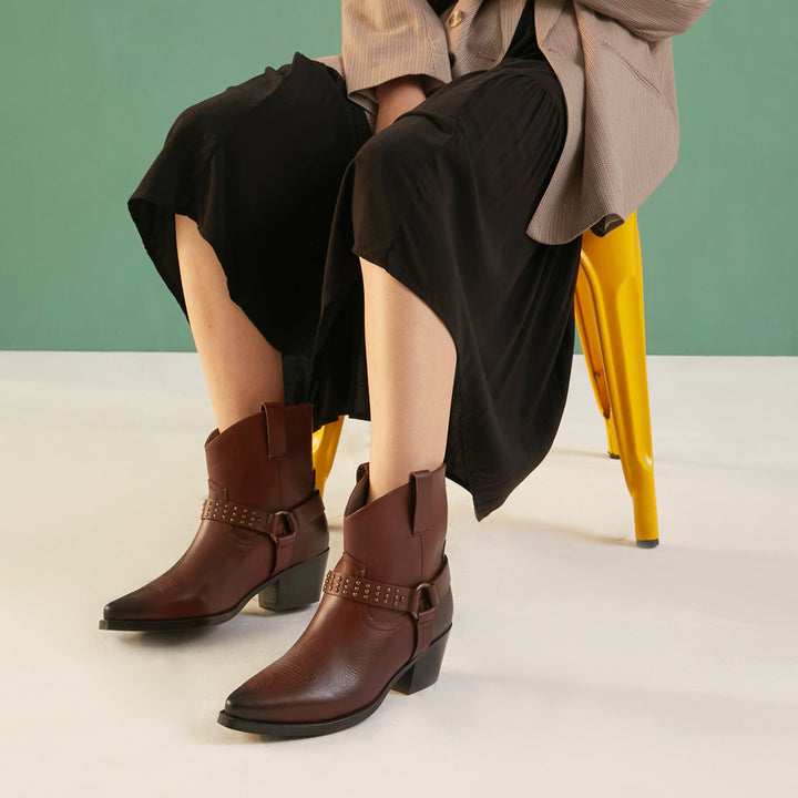 Saint Enrica Metal Studded Teak Leather Ankle Boots