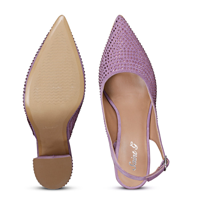 Crystal Embellishes Lilac Leather Heels