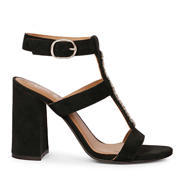 Saint Silvia Stone Embellished Black Suede Leather Block Heels