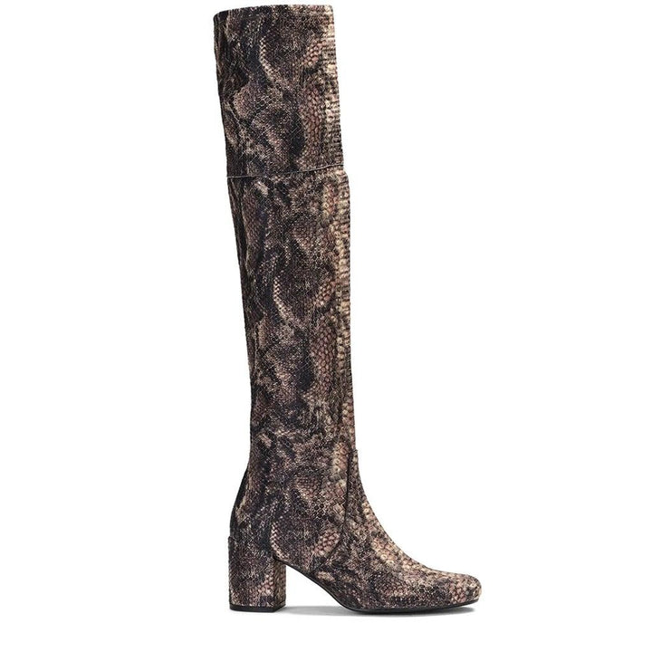 Brown Stretch Fab Above The Knee Heeled Boots for women