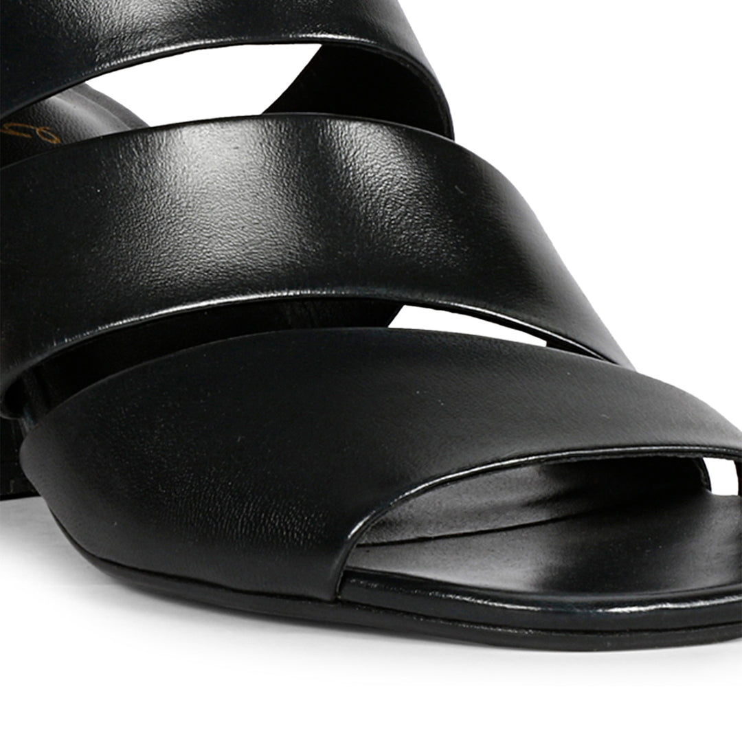 Saint Elena Black Leather Handcrafted Strappy Block Heels