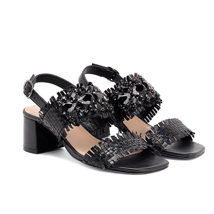 Crystal Embellished Woven Leather Block Heel for women