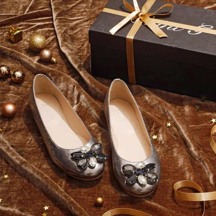 Saint Jovena Crystal Embellished Silver Metallic Leather Ballet Flats - SaintG UK