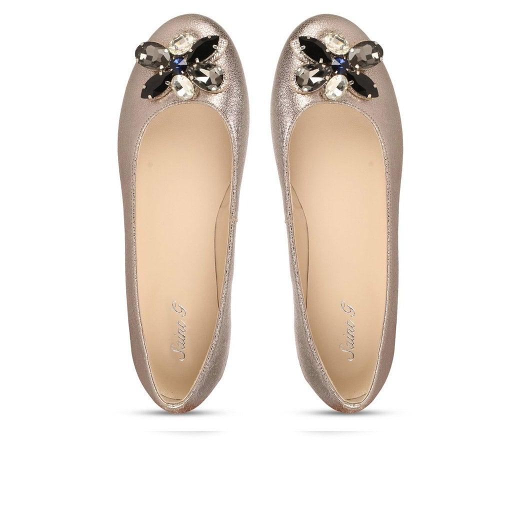 Saint Jovena Crystal Embellished Silver Metallic Leather Ballet Flats - SaintG UK