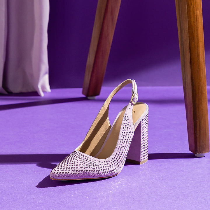 Crystal Embellishes Lilac Leather Heels