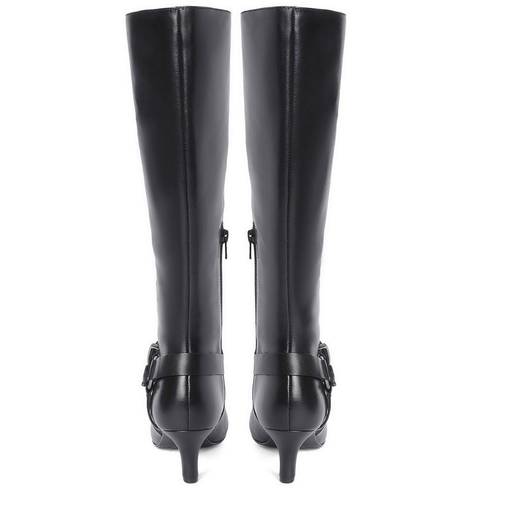 Saint Arabella Black Leather Kitten Heel Knee High Boots - SaintG UK