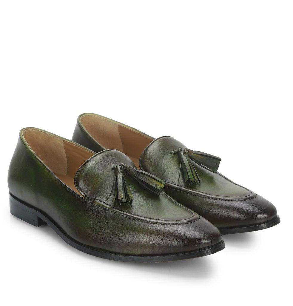Saint Valentin Olive Leather Men's Tassel Moccasin Shoes - SaintG UK