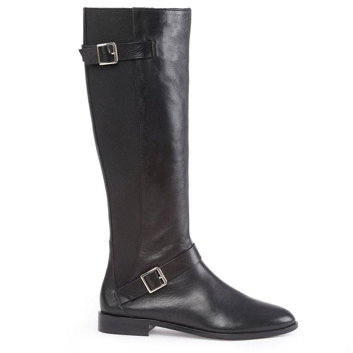 Saint Delores Black Crust Leather Buckle Decor Knee High Boots - SaintG UK