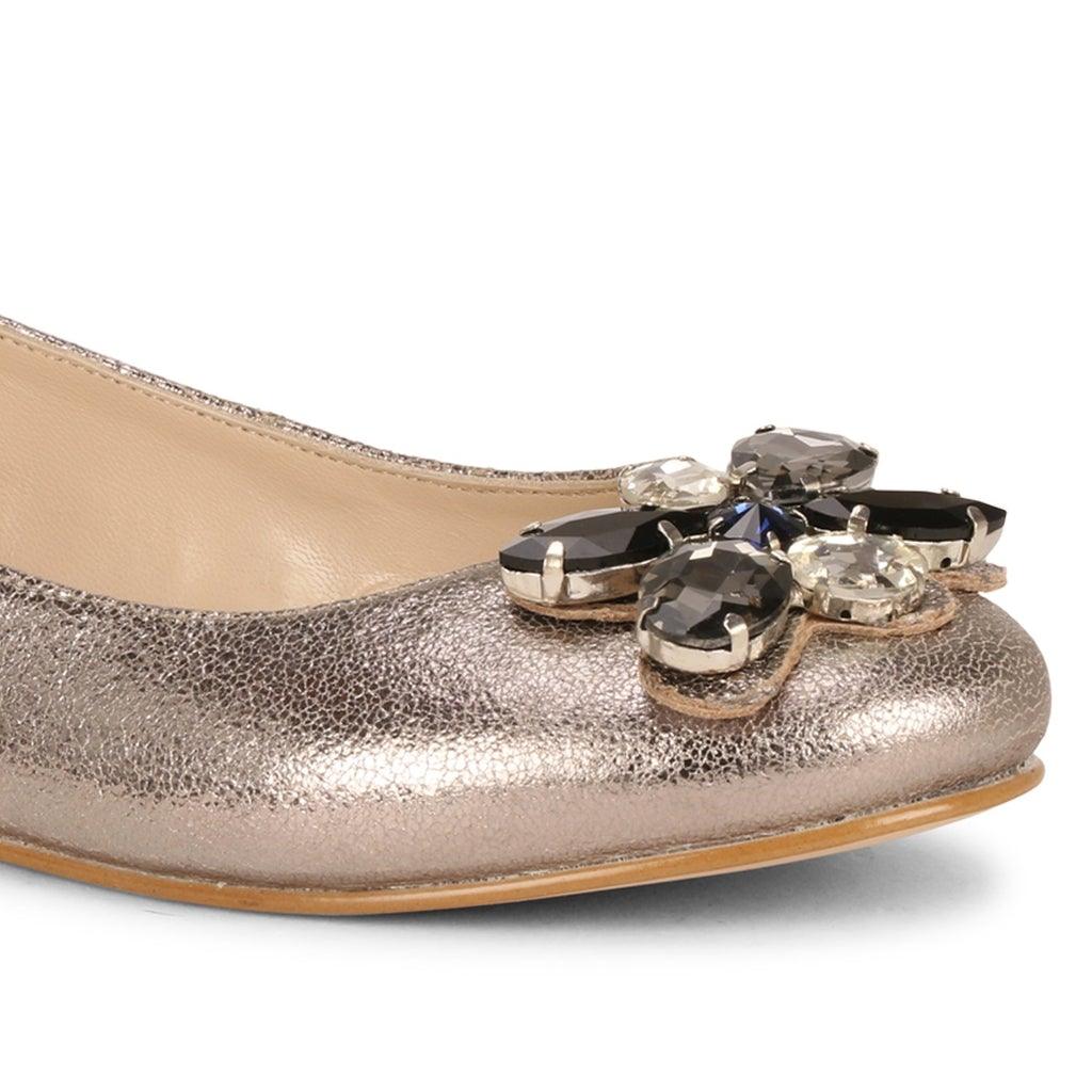 Saint Jovena Crystal Embellished Silver Metallic Leather Ballet Flats - SaintG UK