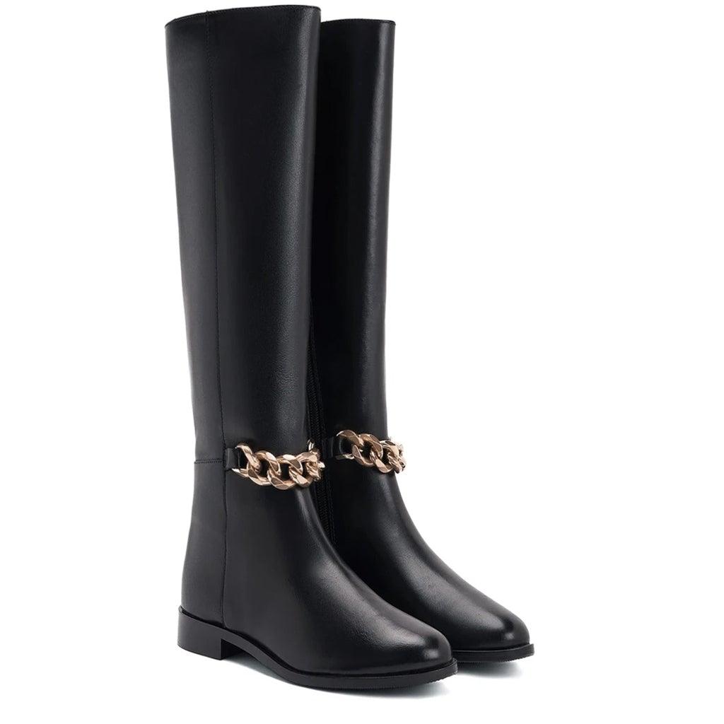 Saint Alina Gold Chain Embellished Black Leather Knee High Boots - SaintG UK