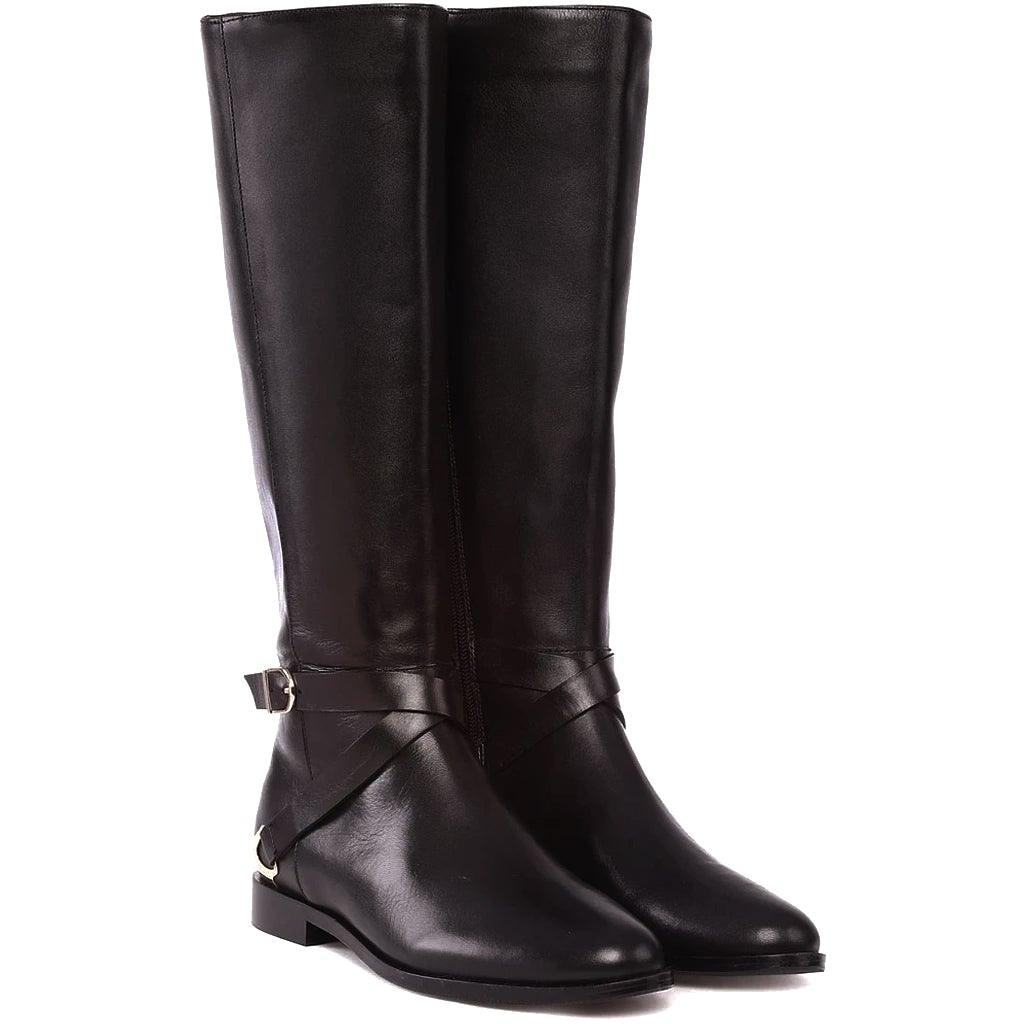 Saint Damaris Dark Brown Leather Buckle Decor Knee High Boots - SaintG UK