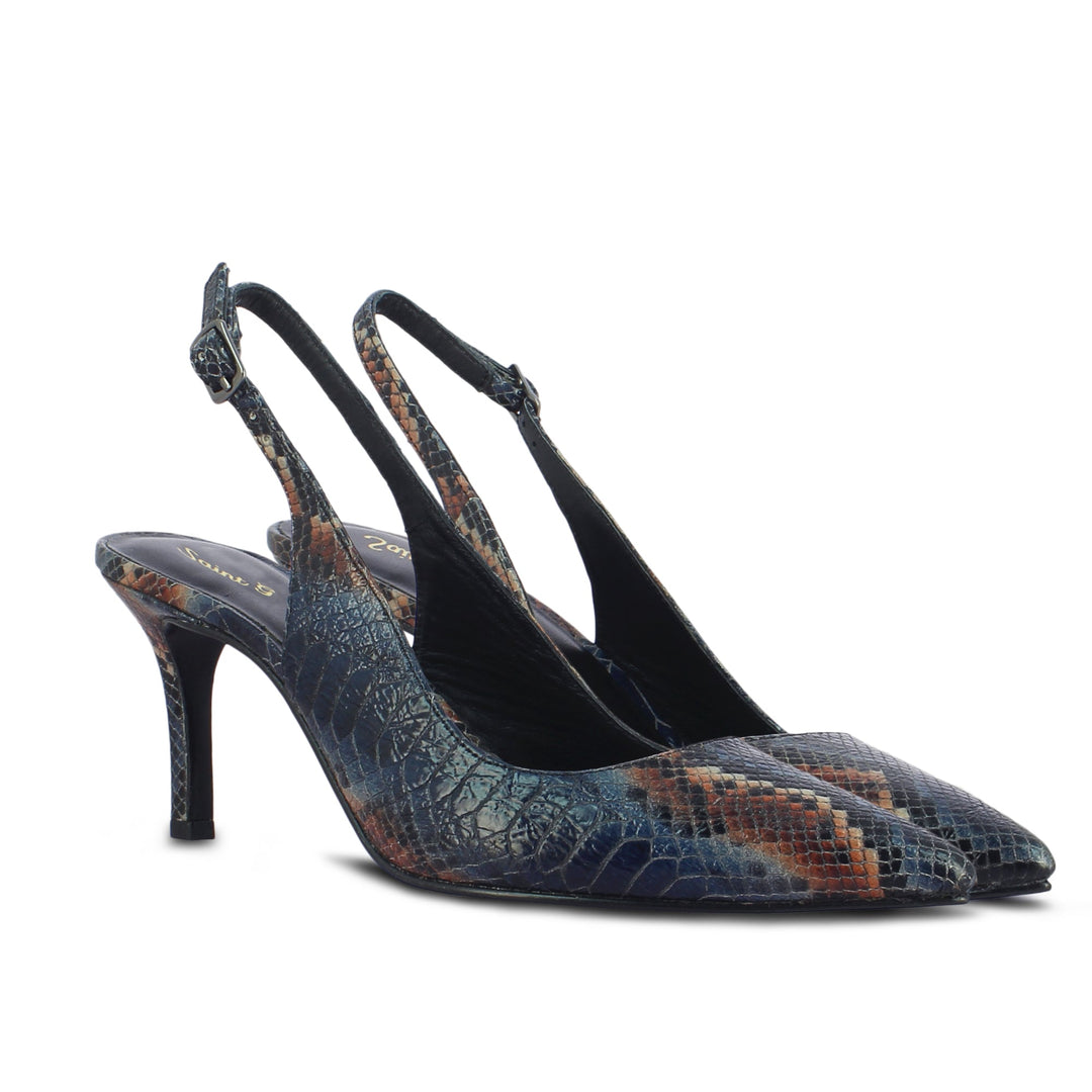 Blue Snake Print Leather Buckle Strap Stilettos and Pumps For Women