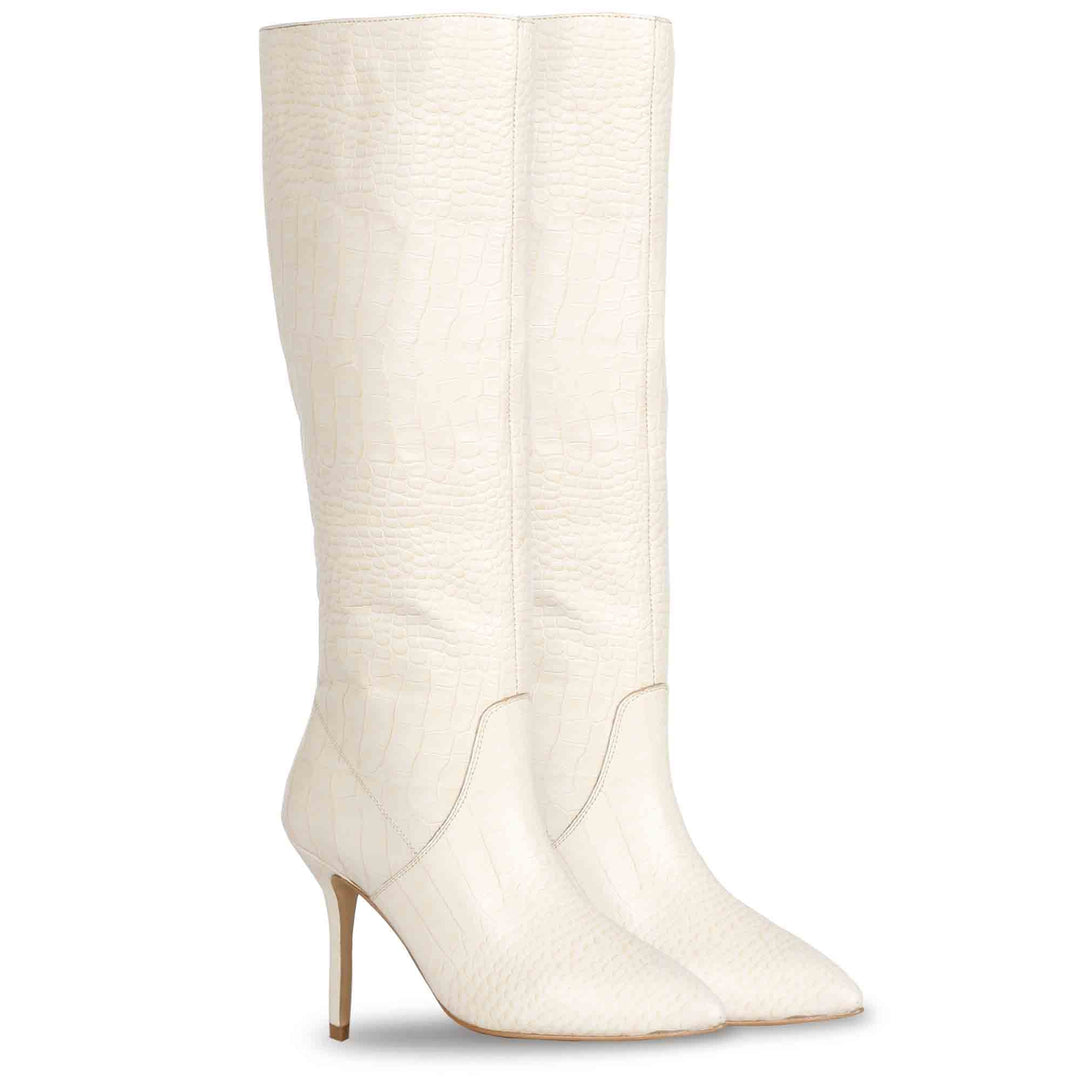 Saint Adella Croc Embossed Off White Leather Long Boots
