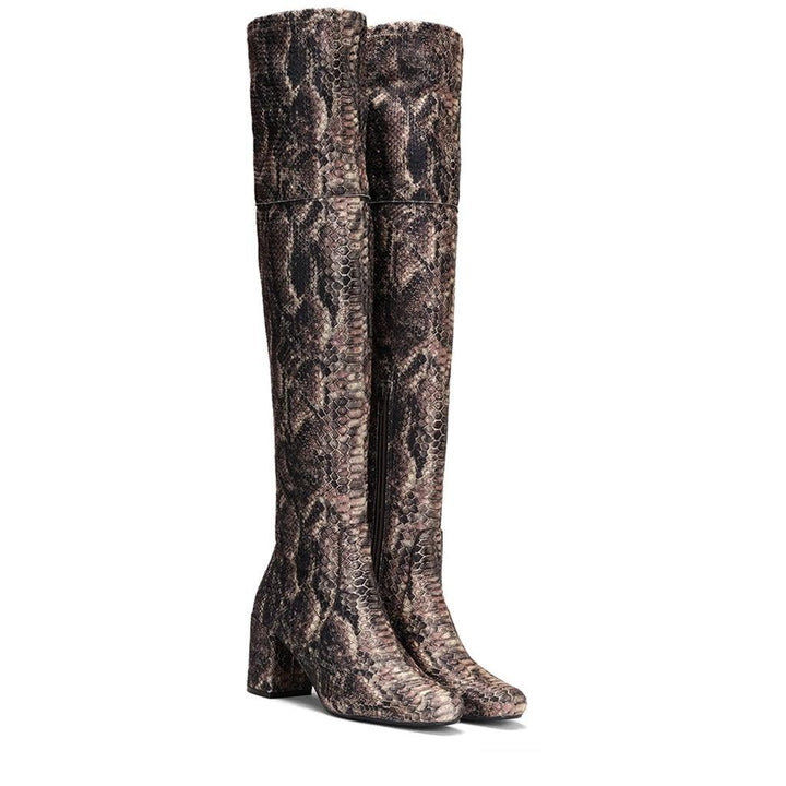 Brown Stretch Fab Above The Knee Heeled Boots for women