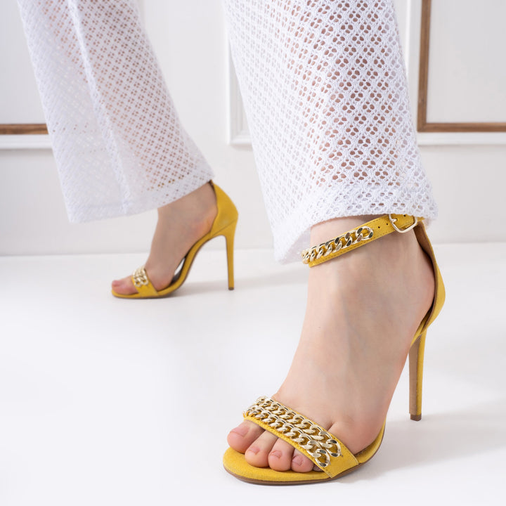 Gold Chain Detail Yellow Leather Stiletto Heels and Pumps for Women