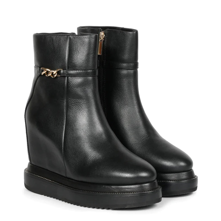 SaintG Black Leather Inner Wedge Heel Ankle Boots