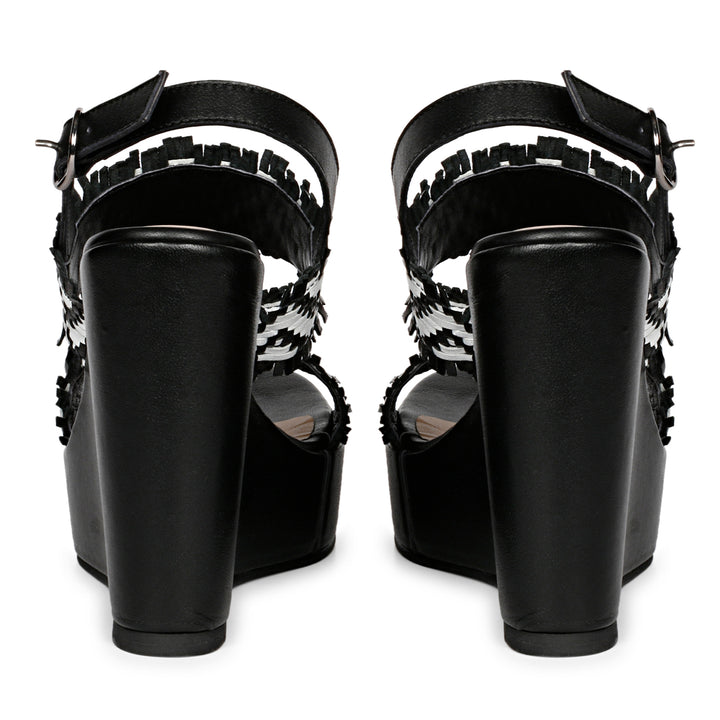 Hand Woven Black Leather Wedge Heels