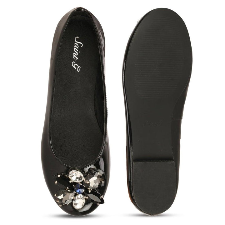 Saint Jovena Crystal Embellished Black Leather Ballet Flats - SaintG UK