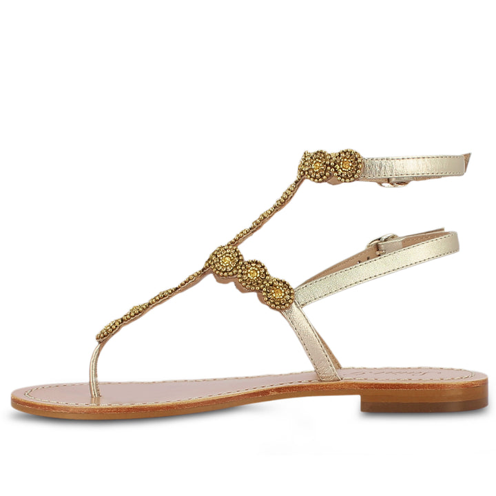 Saint Azzurra Metallic Platin Leather With Hand Embroidery Sandals