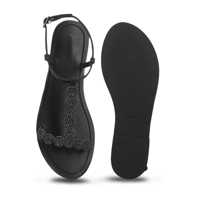 Adele Metallic Black Leather With Gunmetal Embroidery Sandals