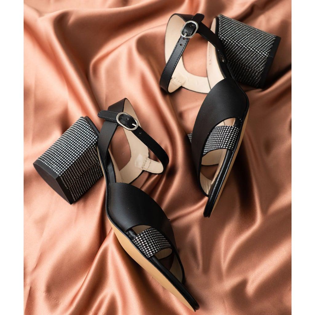 Metal Studded Black Leather Block Heel for women